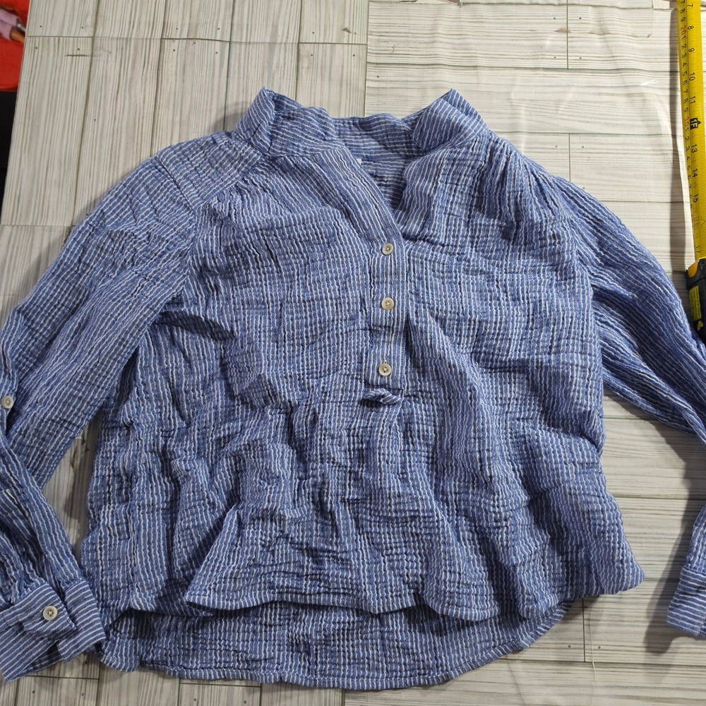 J. Jill Blue White Striped Gauze Blouse Petite Small Long Sleeve Button Top